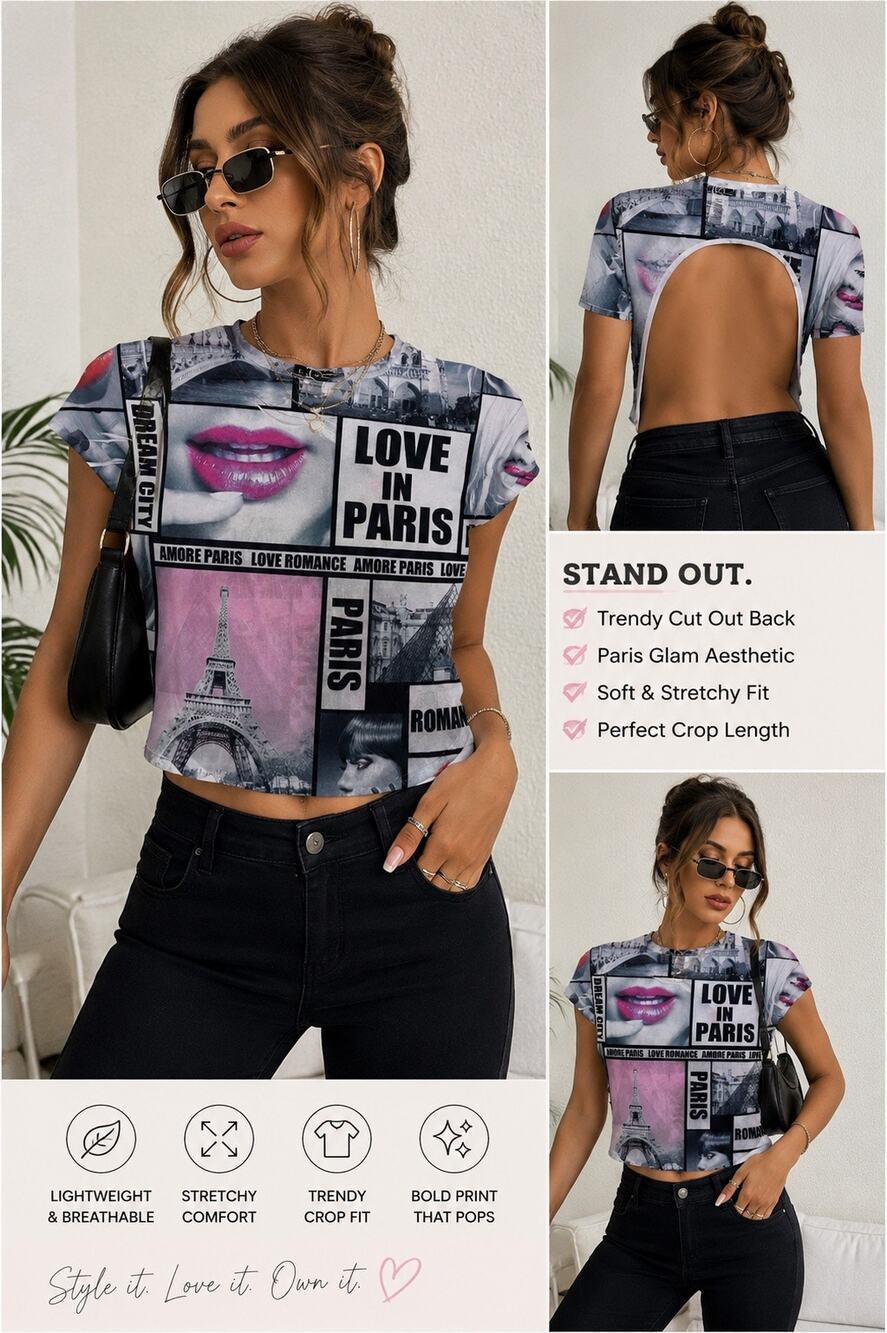 Cleo Apparel Cropped Shirt Women’s Large Paris Graphic Cutout Back Top